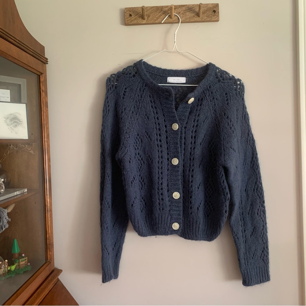 • SOLD • Oak & Fort Dusty Blue Knit Crew Cardigan